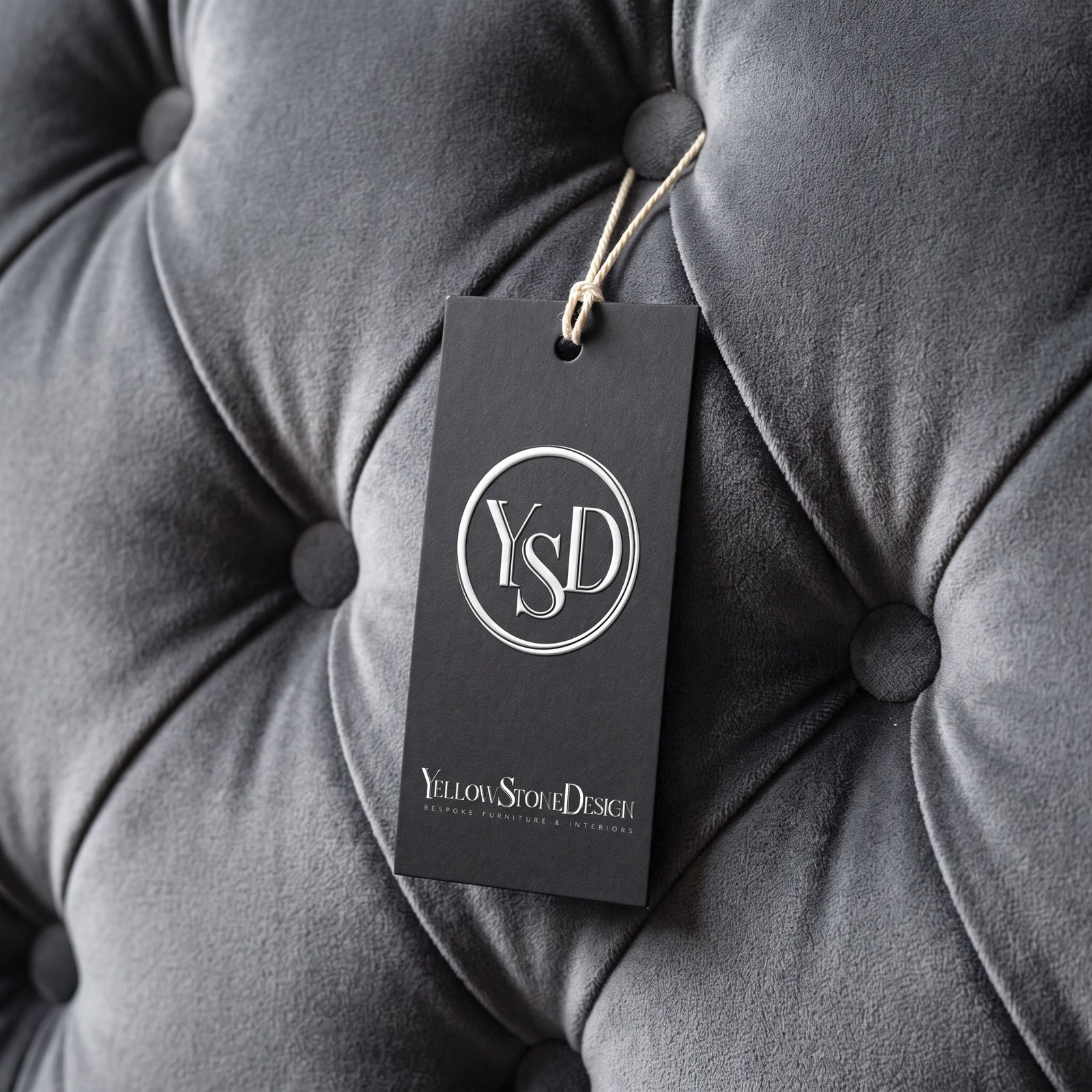 A black swing tag on a cotton string hanging against deep grey buttoned velvet, the YSD monogram embossed on it.