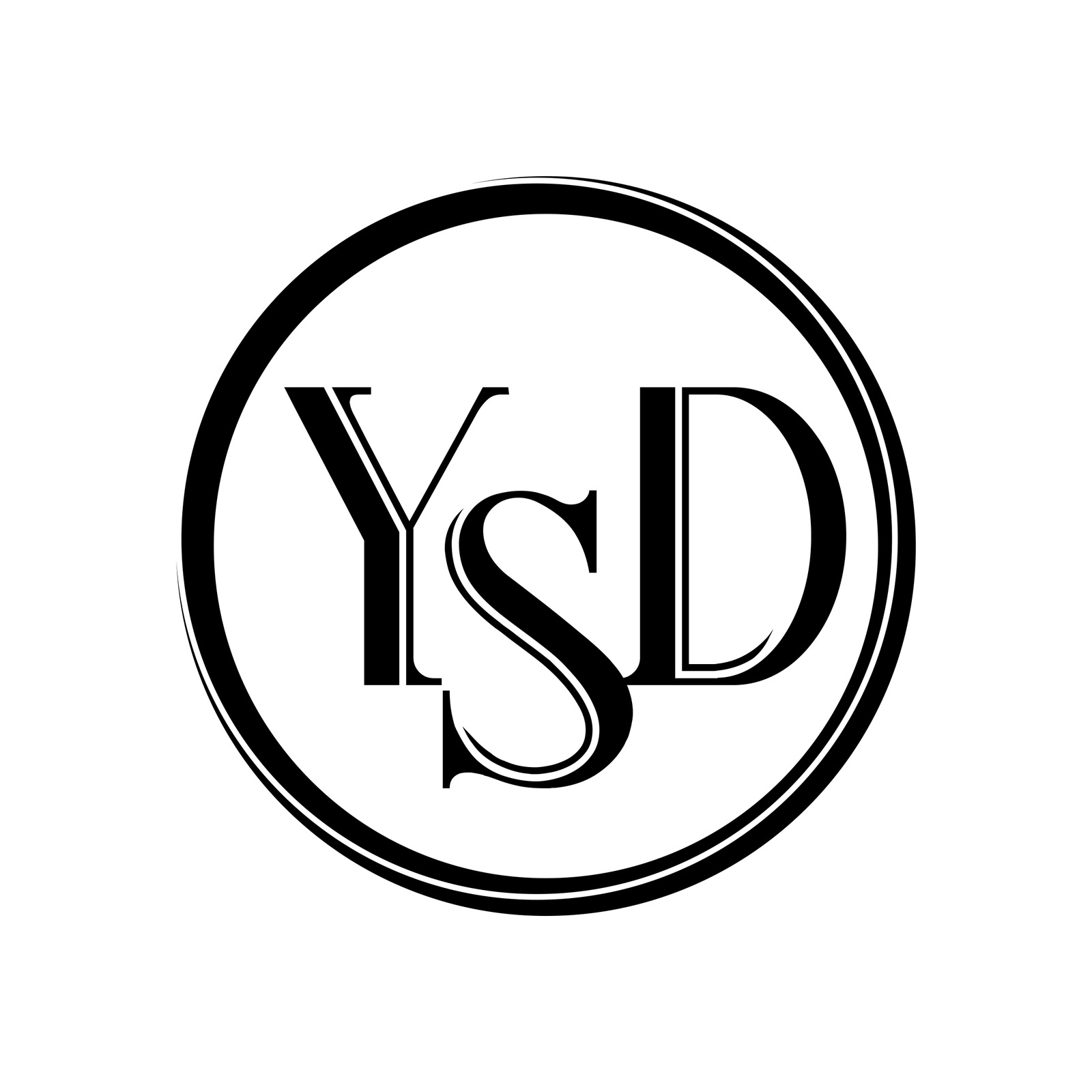 The YSD monogram in black on white: the letters Y, S and D drawn as one high-contrast serif cluster inside a fine double circle.