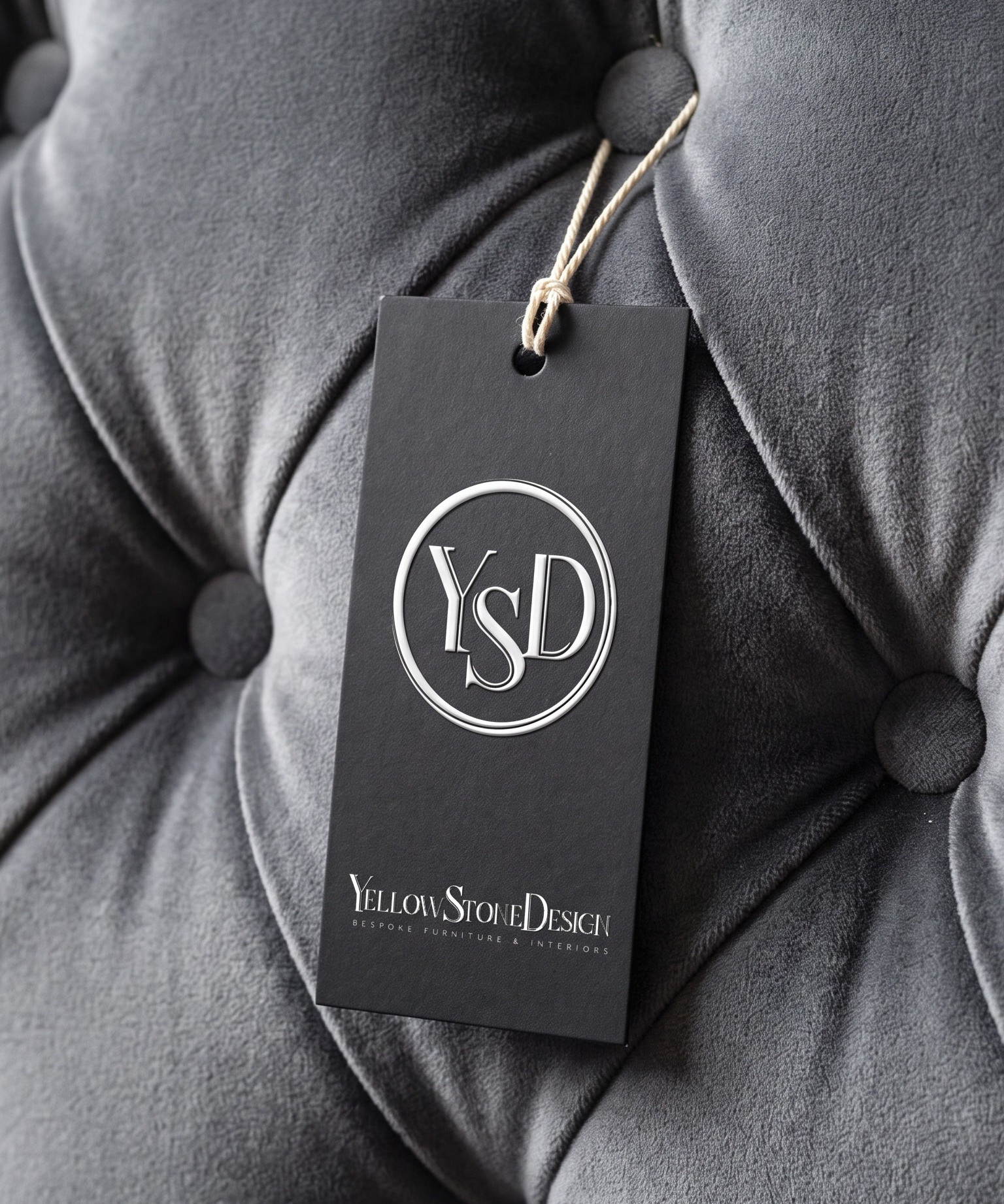 A black swing tag on a cotton string hanging against deep grey buttoned velvet, the YSD monogram embossed on it.
